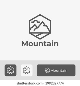 Line Art Style Mountain Logo With Hexagon Frame, Simple and Minimal Design