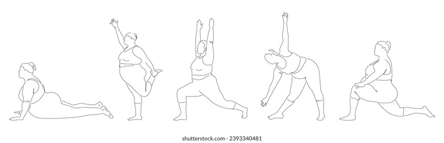 line art style. plump girl goes in for sports and yoga. international yoga day EPS10