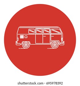 Line art style retro minivan car icon with round frame. Camper bus symbol on red background,
