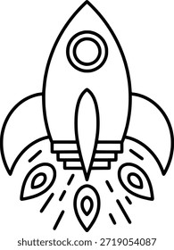 Line art style rocket launch icon in symbol of startup growth, innovation, space exploration, technology, business success and creative ideas. Outline vector illustration.