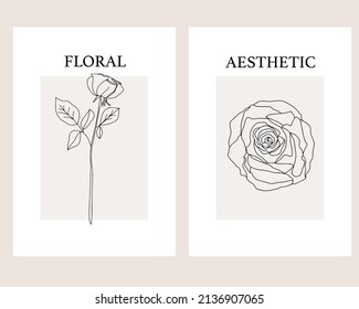 Line art style rose blossom and rose flower for poster, banner, commercial, print, pattern. Hand drawn botanical logo for beauty salon, facial cream, beauty cream, nature cosmetic, spa, boutique,