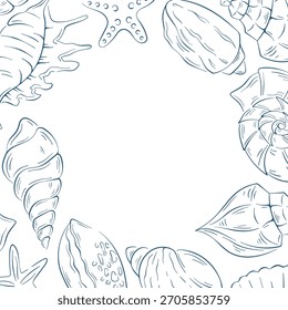 Marco de concha de mar de estilo de arte de línea. Concepto de océano, marino, playa. Ilustración para tarjeta de felicitación, Anuncio, cartel, invitación.