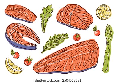 Line art style set featuring various cuts of salmon, with lemon slices, asparagus, tomatoes and herbs. Vibrant design of fresh and appeal of seafood. Vector illustration isolated on white background.