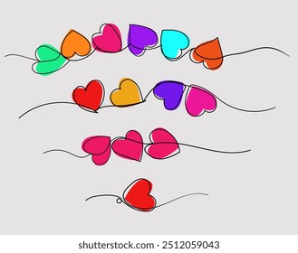 Line art style. Several colorful hearts drawn in one line. isolated vector for decorating a postcard or printing on clothes. Simple design for Valentines Day, birthday greetings, greetings for