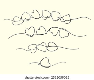 Line art style. Several hearts drawn in one line. isolated vector for decorating a postcard or printing on clothes. Simple design for Valentines Day, birthday greetings, greetings for different