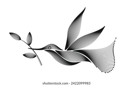 Ilustración vectorial de estilo de arte de línea con un pájaro que lleva una rama en su pico, para un símbolo de paz.