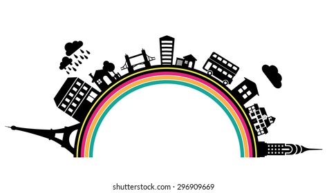 A line art style vector illustration of global travel tourism concept background,Big cityscape located around the half circle. Vector illustration with place for text