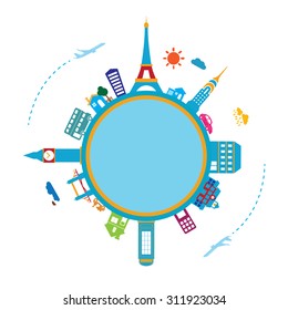 A line art style vector illustration of global travel tourism concept background,Big cityscape located around the circle. Vector illustration with place for text