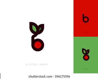 Estilo de línea estilo vectorial plantilla o icono de baya roja con hoja y letra b