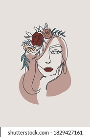 Line art style woman holding her chin with with flowers on her head.Continuous line woman's face silhouette in brown, beige and red colors for cards,posters,prints, textile etc. Vector illustration