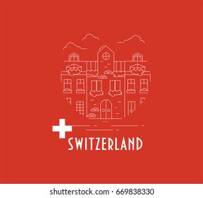 Line art styled vector illustration of an old swiss city. Great as a travel icon, background, cover template for tourist agency. Switzerland cityscape made in a line art style.