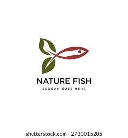 Logotipo vetorial estilo Line art com formas de peixe e folha. design ícone do logotipo do peixe folha, símbolo do logotipo da natureza do peixe verde para elemento alimentar saudável, peixe fresco, modelo do logotipo do frutos do mar.