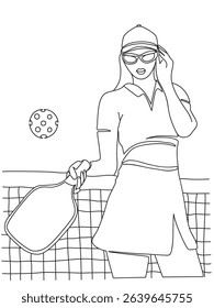 Line art of stylish girl serving  pickleball. Illustration near net. Perfect for coloring pages, sports educational materials or pickleball themed designs.