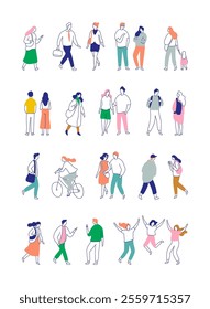 Line art stylized people vector bundle. Crowd. People, male and female flat outline characters isolated on white background.