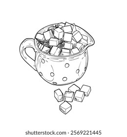 Line art sugar cubes in a pot. Vector sweet ingredient in cubes as graphic asset. Hand drawn illustration of sweet ingredient. Outline only, isolated on white background.