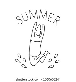 Line art summer beach logo. Woman jumping into the water, coloring page vector illustration