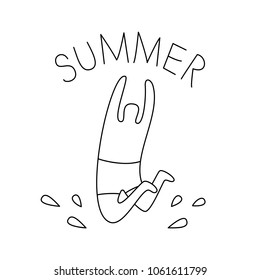 Line art summer beach logo. Man jumping into the water, coloring page vector illustration