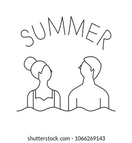Line art summer beach logo. Couple on the beach. Holiday time vacation rest vector illustration