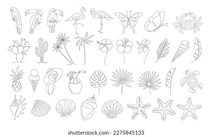 LINE ART SUMMER ELEMENTS SET. Continuous Line Vector illustration. Graphic design for print poster, card, sticker tattoo. Single line art. One Line Hand Drawn on White Background. Simple outline style