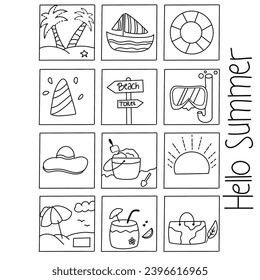 Line art summer elements vector