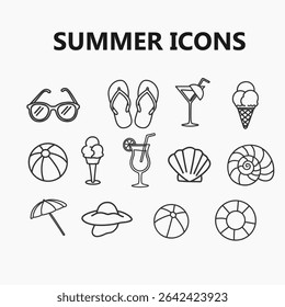 Line art Summer Icon Set Featuring Beach Umbrella, Ice Cream, Tropical Fruits, Surfboards, Palm Trees, Flowers, and Seashells. Perfect for Vacation, Travel Poster, and Holiday Design Projects