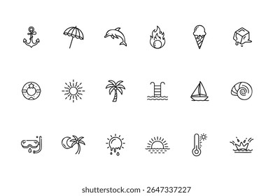Line art summer icons including anchor umbrella dolphin fire ice cream life ring sun palm tree more