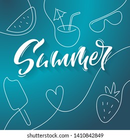 Line art Summer poster. Lettering Summer and oblects drawn in line art style on a turquoise background. Minimalist design. vector illustration 