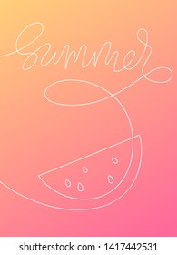 Line art Summer poster. Lettering Summer and watermelon drawn in line art style on a orange background with  gradient. Minimalist design.  vector illustration 
