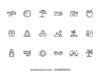 Line art summer travel icons set including airplane beach ball umbrella ticket camera coconut more