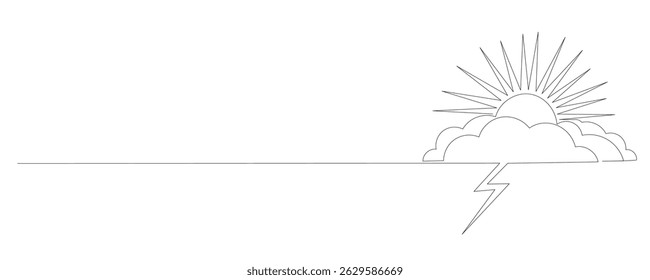 Line Art Sun, Cloud and Lightning Abstract Illustration. One Continuous Contour Sketch Outline Icon. Environment, Nature and Weather Theme.  Editable Thin Stroke Silhouette Modern Trendy Drawn.