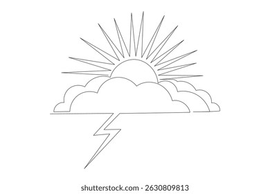Line Art Sun, Cloud and Lightning Abstract Illustration. One Continuous Contour Sketch Outline Icon. Environment, Nature and Weather Theme.  Editable Thin Stroke Silhouette Modern Trendy Drawn.