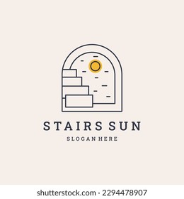 line art sun logo vector design with stairs icon symbol illustration design