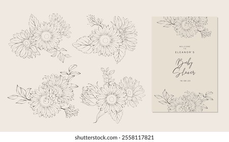 Line Art Sunflower Bouquets. Sunflowers Hand Drawn Illustration. Floral Line Art. Black and White Sunflowers Set.