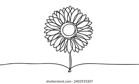 Flor de girasol de arte lineal. Un contínuo contorno. Ilustración vectorial aislada. Diseño minimalista a mano.