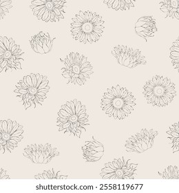 Line Art Sunflower Seamless Pattern. Sunflowers Hand Drawn Illustration. Floral Pattern. Black and White Sunflower.