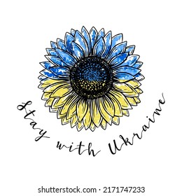 Line art sunflower ukraine sketch print for decoration design. Yellow and blue background. Isolated vector illustration. Abstract modern hand drawn style design.