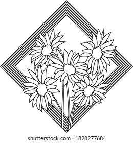 line art of sunflowers bouquet in geometric frame