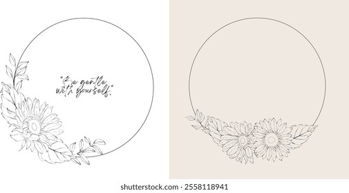Line Art Sunflowers Frames. Sunflowers Wreaths Hand Drawn Illustration. Floral Line Art. Black and White Sunflower.