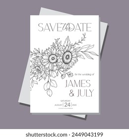 Line Art Sunflowers Wedding Invitation template, Outline Sunflowers Minimalist Wedding Stationery, Sunflowers Wedding