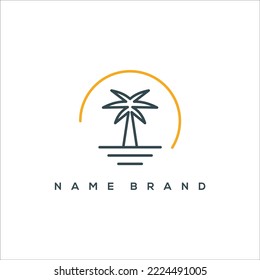 line art sunset with palm tree logo vector