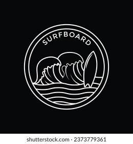 Line art surfboard beach with circle shape for surf surfer surfing stamp label logo design ideas
