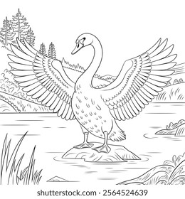 A line art swan illustration of a coloring page 