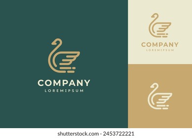Line art swan logo with company lettering written underneath. Geese are displayed in a variety of colors and sizes