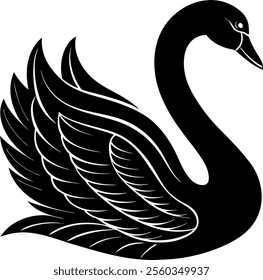 line art swan mark logo vector illustration, Stylized vector illustration of a swan featuring a smooth, curved neck and detailed line art. This elegant design showcases pronounced feathers