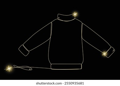Line Art Sweater with Gold Glitter Stars. Luxury Rich Glamour Invitation Card. line Art Isolated on Black. Shine Gold Light Texture Effect. Glowing Blink Star Christmas Holiday Gift.