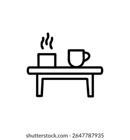 Arte de línea de una mesa con un cubo humeante una taza de café en un Vector de fondo
