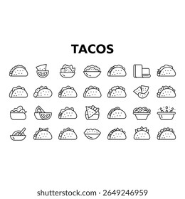 Linha Arte Taco Ícones Mexicano Comida Conjunto Gráfico Restaurante Menu Design Elementos Simples Preto e Branco Estilo