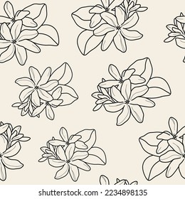 Line art Tahitian gardenia flower seamless pattern