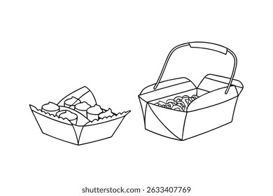 Line Art Takeaway Containers With Cupcakes And Pastries Simple Vector Illustration