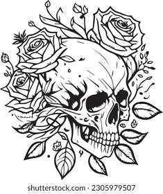 diseño de tatuajes de líneas de cráneo simple y rosas en estilo vintage, perfil derecho, vector plano detallado, fondo blanco.